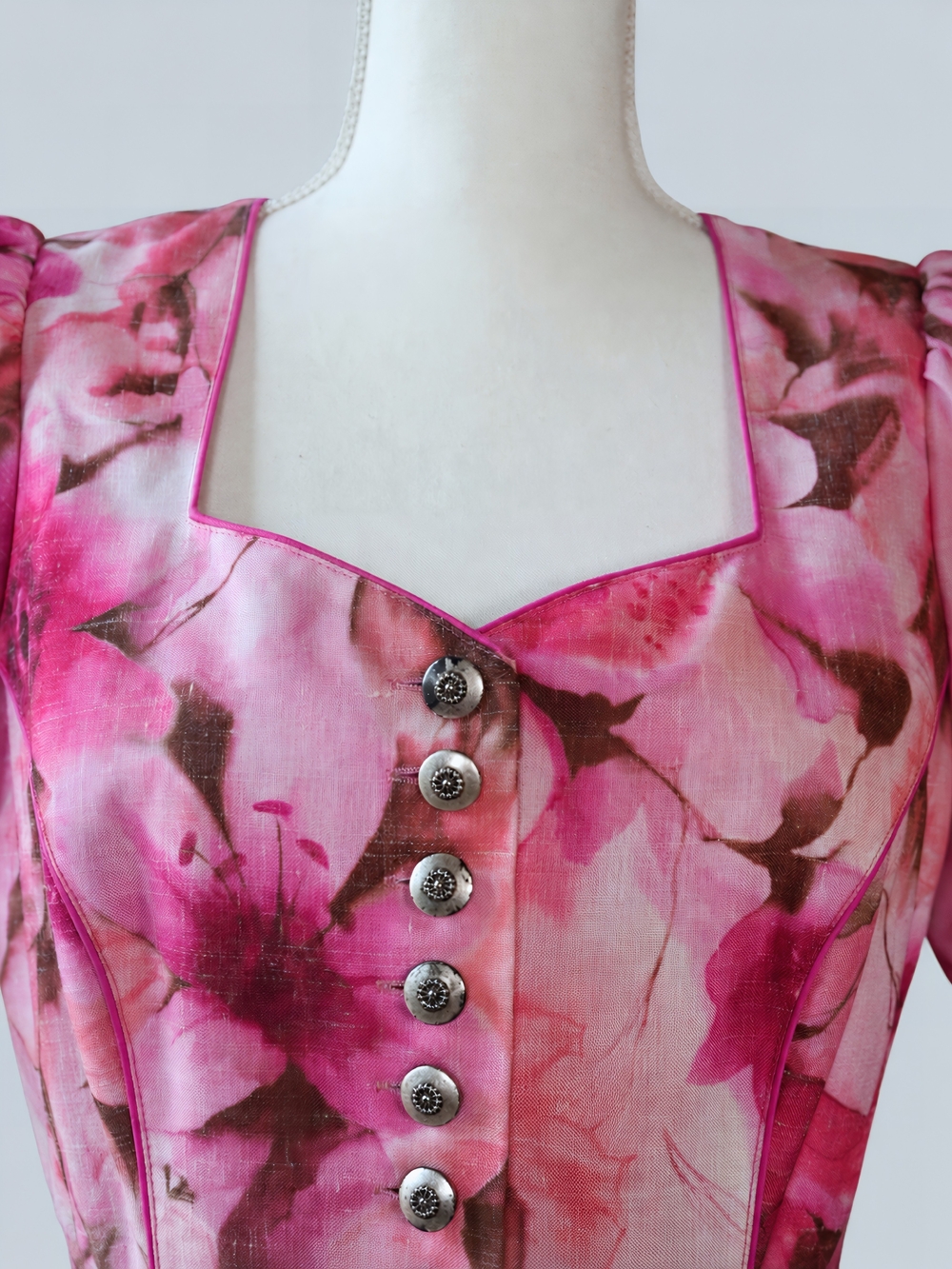 Vintage Pink Floral Midi Dress with Puff Sleeves and Belt, Cottagecore, Dirndl - Picture 3 of 11